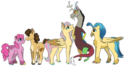 Size: 1280x686 | Tagged: safe, artist:birbnerd17, imported from derpibooru, cheese sandwich, discord, fluttershy, pinkie pie, princess skystar, bird, draconequus, earth pony, pegasus, my little pony: the movie, alternate design, alternate universe, female, implied cheesepie, implied discoshy, implied lesbian, implied shipping, implied straight, interspecies, male, polyamory, simple background, story included, transparent background