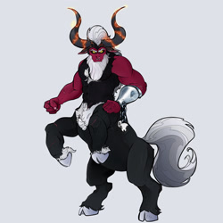 Size: 1920x1920 | Tagged: safe, artist:derp1exclamation, imported from derpibooru, lord tirek, centaur, taur, alternate design, beard, bracer, chains, clenched fist, cloven hooves, collaboration, colored hooves, facial hair, gray background, horn, illustration, magic, male, nose piercing, nose ring, piercing, scar, septum piercing, simple background, skull, white background, white hair