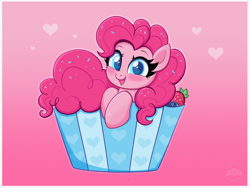 Size: 4000x3000 | Tagged: safe, artist:confetticakez, imported from derpibooru, pinkie pie, earth pony, pony, berry, bust, colored pupils, cupcake, cute, diapinkes, female, food, heart, heart eyes, high res, looking at you, mare, open mouth, open smile, smiling, solo, sprinkles, strawberry, wingding eyes