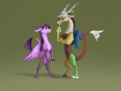 Size: 2732x2048 | Tagged: safe, artist:blue ink, derpibooru exclusive, imported from derpibooru, discord, twilight sparkle, draconequus, angry, antlers, beard, claws, discord what have you done, draconequified, duo, facial hair, female, gritted teeth, high res, male, paws, shadow, species swap, tail, tail hand, thumbs up, twikonequus, twilight sparkle is not amused, unamused