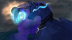 Size: 5020x2798 | Tagged: safe, artist:tokyo-m00n, imported from derpibooru, princess luna, alicorn, pony, blue eyes, clothes, cloud, colored pupils, ethereal mane, eye, eyes, feather, female, flowing mane, glowing, horn, moon, moonlight, mountain, night, signature, solo, sombra eyes, starry mane, wings