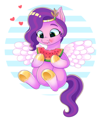 Size: 1488x1824 | Tagged: safe, artist:malarkey, imported from derpibooru, pipp petals, pegasus, pony, adorapipp, belly, chubby, cute, eating, female, food, g5, headband, heart, herbivore, mare, my little pony: a new generation, pipp is chubby, simple background, sitting, solo, spread wings, underhoof, watermelon, weapons-grade cute, wings