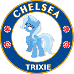 Size: 1200x1200 | Tagged: safe, edit, imported from derpibooru, trixie, pony, unicorn, butt, chelsea london, female, grin, logo, looking back, mare, plot, premier league, raised hoof, rear view, simple background, smiling, solo, the great and powerful ass, transparent background