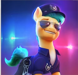 Size: 888x854 | Tagged: safe, artist:imalou, imported from derpibooru, screencap, hitch trailblazer, earth pony, pony, spoiler:my little pony: a new generation, 3d, calendar, clothes, g5, glasses, grin, handsome, hat, key, male, markings, my little pony: a new generation, pants, police, police hat, police officer, police uniform, shirt, smiling, solo, stallion, stupid sexy hitch trailblazer, sunglasses