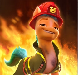Size: 873x840 | Tagged: safe, artist:imalou, imported from derpibooru, screencap, hitch trailblazer, earth pony, pony, spoiler:my little pony: a new generation, 3d, calendar, clothes, dirt, fire, firefighter, g5, grin, handsome, helmet, jacket, male, markings, my little pony: a new generation, smiling, solo, stallion, stupid sexy hitch trailblazer