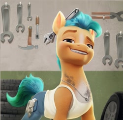 Size: 865x849 | Tagged: safe, artist:imalou, imported from derpibooru, screencap, hitch trailblazer, earth pony, pony, spoiler:my little pony: a new generation, 3d, bolt cutter, calendar, cloth, clothes, dirt, g5, grin, hammer, handsome, jeans, jewelry, male, markings, mechanic, my little pony: a new generation, necklace, oil, pants, smiling, socket wrench, solo, stallion, stupid sexy hitch trailblazer, tanktop, wrench