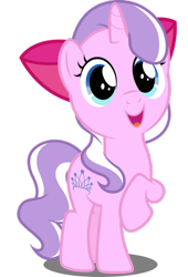 Size: 400x587 | Tagged: safe, artist:dashiesparkle edit, edit, editor:cutiesparke, imported from derpibooru, diamond tiara, pony, unicorn, accessory, apple bloom's bow, bow, female, filly, hair bow, happy, looking at you, race swap, raised hoof, ribbon, simple background, solo, transparent background