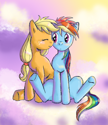 Size: 2546x2934 | Tagged: safe, artist:lotothetrickster, imported from derpibooru, applejack, rainbow dash, earth pony, pegasus, pony, appledash, blushing, cloud, duo, eyes closed, female, freckles, high res, lesbian, mare, missing accessory, shipping, sitting, sky