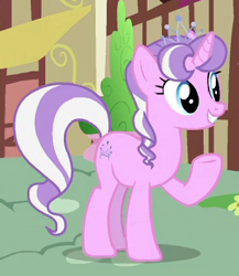 Size: 390x450 | Tagged: safe, edit, edited screencap, editor:computershit, imported from derpibooru, screencap, diamond tiara, pony, unicorn, female, mare, older, older diamond tiara, race swap, raised hoof, smiling, solo