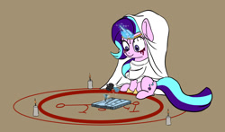 Size: 1700x1000 | Tagged: safe, artist:slamjam, imported from derpibooru, starlight glimmer, pony, unicorn, candle, chisel, clothes, hammer, magic, magic circle, robe, silver, summoning circle