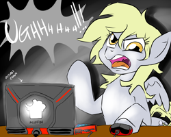 Size: 2500x2000 | Tagged: safe, artist:celine-artnsfw, artist:jitterbugjive, imported from derpibooru, derpy hooves, pegasus, pony, angry, computer, computer mouse, female, high res, laptop computer, mare, open mouth, outlast, rage, solo, upset