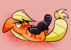 Size: 2400x1700 | Tagged: safe, artist:joycall6, imported from derpibooru, applejack, earth pony, pony, :o, blushing, boots, cute, dressing, female, fireproof boots, floppy ears, hoof hold, jackabetes, legs in air, lidded eyes, lying down, on back, open mouth, pink background, shoes, simple background, solo