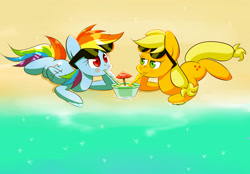 Size: 2300x1600 | Tagged: safe, artist:joycall6, imported from derpibooru, applejack, rainbow dash, earth pony, pegasus, pony, appledash, beach, drink, duo, female, lesbian, lying down, mare, prone, sharing a drink, shipping, straw, sunglasses, water