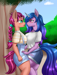 Size: 1600x2100 | Tagged: safe, artist:zachc, imported from derpibooru, izzy moonbow, sunny starscout, anthro, earth pony, unicorn, asymmetrical docking, blushing, breasts, busty izzy moonbow, clothes, duo, female, g5, izzyscout, lesbian, looking at each other, my little pony: a new generation, shipping, tree