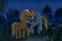 Size: 3932x2612 | Tagged: safe, artist:misspolycysticovary, imported from derpibooru, applejack, cattail, rainbow dash, earth pony, pegasus, pony, appledash, bedroom eyes, blushing, boop, dark, duo, female, high res, lesbian, mare, night, noseboop, shipping