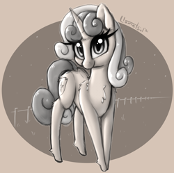 Size: 1400x1394 | Tagged: safe, artist:llametsul, imported from derpibooru, sweetie belle, pony, unicorn, chest fluff, cute, eyelashes, female, fence, fluffy, looking at you, mare, monochrome, older, older sweetie belle, signature, sketch, smiling, solo