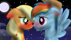 Size: 1920x1080 | Tagged: safe, artist:rainbowderp98, imported from derpibooru, applejack, rainbow dash, earth pony, pegasus, pony, accessory swap, appleblitz (straight), blushing, duo, eye contact, female, floppy ears, half r63 shipping, looking at each other, male, moon, mountain, night, nose wrinkle, rainbow blitz, rule 63, shipping, stars, straight