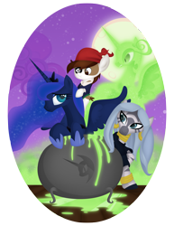 Size: 3825x4950 | Tagged: safe, artist:nowego, imported from derpibooru, nightmare moon, pipsqueak, princess luna, zecora, alicorn, earth pony, zebra, luna eclipsed, absurd resolution, cauldron, duality, moon, night, nightmare night