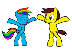 Size: 1280x913 | Tagged: safe, artist:onebigbarbarian, imported from derpibooru, oc, oc:button rush, oc:johnny, oc:johnny "the human stallion", earth pony, pegasus, derpibooru community collaboration, 2022 community collab, bipedal, duo, eyes closed, male, not rainbow dash, open mouth, simple background, transparent background