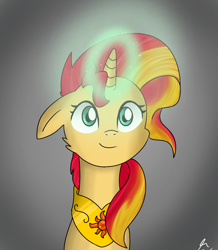 Size: 920x1054 | Tagged: safe, artist:winter-scarf, imported from derpibooru, sunset shimmer, pony, unicorn, equestria girls, element of forgiveness, female, floppy ears, forgiveness, gray background, magic, mare, simple background, smiling, solo, telekinesis