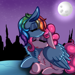 Size: 1000x1000 | Tagged: safe, artist:vale-bandicoot96, imported from derpibooru, pinkie pie, rainbow dash, earth pony, pegasus, pony, cuddling, duo, eyes closed, female, hug, lesbian, mare, moon, night, pinkiedash, shipping, sleeping, stars, winghug, wings