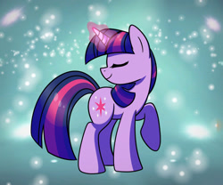 Size: 1024x854 | Tagged: safe, artist:vale-bandicoot96, imported from derpibooru, twilight sparkle, pony, unicorn, eyes closed, female, glowing, glowing horn, horn, magic, mare, multicolored mane, multicolored tail, raised hoof, smiling, solo, standing, stars, tail, telekinesis, the cosmos, unicorn twilight