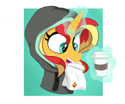 Size: 1024x854 | Tagged: safe, artist:vale-bandicoot96, imported from derpibooru, sunset shimmer, pony, unicorn, equestria girls, clothes, coffee, cup, drink, female, hoodie, levitation, magic, mare, paper bag, simple background, solo, telekinesis