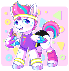 Size: 1791x1824 | Tagged: safe, artist:malarkey, imported from derpibooru, zipp storm, pegasus, pony, 80s, abstract background, blushing, clothes, female, g5, headband, leg warmers, looking at you, mare, my little pony: a new generation, one wing out, open mouth, open smile, outline, smiling, solo, standing, sweat, three quarter view, unshorn fetlocks, water bottle, white outline, wing hands, wings, workout, workout outfit, wristband