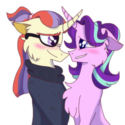 Size: 2800x2800 | Tagged: safe, artist:lolwise, imported from derpibooru, moondancer, starlight glimmer, pony, unicorn, blushing, chest fluff, crack shipping, crossed horns, curved horn, duo, eye clipping through hair, female, floppy ears, fluffy, glasses, glimmerdancer, grin, high res, horn, horns are touching, lesbian, looking at each other, mare, shipping, simple background, smiling, smiling at each other, transparent background