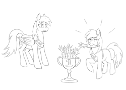 Size: 2659x1890 | Tagged: safe, artist:anonymous, derpy hooves, earth pony, pony, /mlp/, 1st place, 2nd place, carrot, excited, eyes closed, food, miss /mlp/, miss /mlp/ 2021, monochrome, raised hoof, sash, smiling, trophy, verity