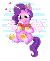 Size: 1488x1824 | Tagged: source needed, safe, artist:freyofelt, imported from derpibooru, pipp petals, pegasus, pony, adorapipp, cute, eating, female, food, g5, herbivore, mare, my little pony: a new generation, simple background, sitting, solo, watermelon