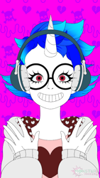 Size: 480x853 | Tagged: safe, artist:maria lovehearts, imported from derpibooru, dj pon-3, vinyl scratch, human, clothes, glasses, hoodie, horn, horned humanization, humanized, smiley face