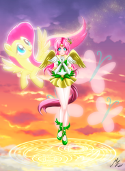 Size: 1976x2705 | Tagged: safe, artist:mauroz, imported from derpibooru, part of a set, fluttershy, human, pegasus, pony, anime, clothes, cosplay, costume, female, humanized, sailor moon, sailor scout, winged humanization, wings