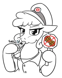 Size: 524x659 | Tagged: safe, artist:jargon scott, imported from derpibooru, oc, oc only, oc:officer nutless, earth pony, pony, black and white, blowing whistle, clothes, female, floppy ears, grayscale, hat, mare, monochrome, no nut november, nut, partial color, puffy cheeks, sign, simple background, solo, that pony sure does love whistles, uniform, whistle, white background