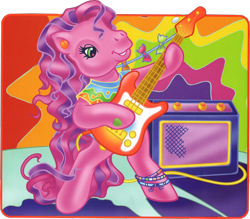 Size: 778x681 | Tagged: safe, artist:lyn fletcher, imported from derpibooru, skywishes, earth pony, pony, acid trip, amp, book:pony pop stars, bow, bracelet, clothes, colorful, curly hair, curly mane, electric guitar, friendship bracelet, g3, green eyes, guitar, jewelry, kite string, long mane, musical instrument, neon, noise cancelling earbuds, official, pink hair, pony pop stars, purple coat, purple hair, shirt, simple background, sky wishes, solo, standing, t-shirt, tie dye, transparent background