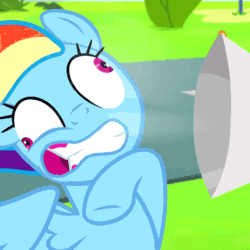 Size: 476x476 | Tagged: safe, imported from derpibooru, screencap, rainbow dash, pegasus, pony, newbie dash, season 6, animated, derp, female, gritted teeth, megaphone, messy mane, raised hoof, solo, this will end in deafness