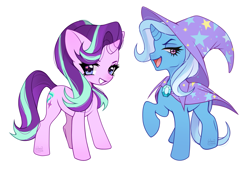 Size: 4623x3130 | Tagged: safe, artist:winnievincent, imported from derpibooru, starlight glimmer, trixie, pony, unicorn, curved horn, duo, duo female, female, grin, high res, horn, looking at you, mare, open mouth, open smile, signature, simple background, smiling, smiling at you, white background