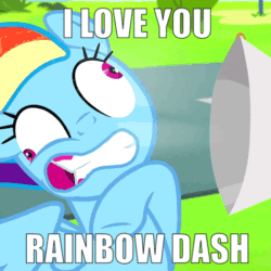 Size: 476x476 | Tagged: safe, edit, imported from derpibooru, screencap, rainbow dash, pony, newbie dash, season 6, animated, caption, derp, female, gritted teeth, image macro, megaphone, messy mane, raised hoof, solo, text, this will end in deafness