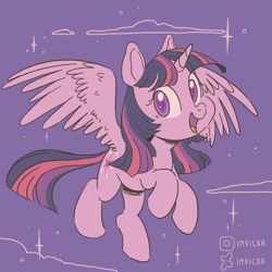Size: 1280x1280 | Tagged: safe, artist:imvicka, imported from derpibooru, twilight sparkle, alicorn, pony, cloud, colored pupils, cute, female, flying, mare, open mouth, sky, solo, spread wings, stars, twiabetes, twilight sparkle (alicorn), wings