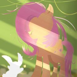 Size: 2340x2340 | Tagged: safe, artist:杏银花开, imported from derpibooru, angel bunny, fluttershy, pegasus, pony, rabbit, animal, crepuscular rays, duo, female, high res, mare