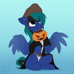 Size: 3500x3500 | Tagged: safe, artist:airfly-pony, imported from derpibooru, oc, oc only, oc:ender, pegasus, pony, begging, candy bag, clothes, costume, cute, halloween, halloween costume, hat, high res, holiday, jack sparrow, jack-o-lantern, male, multiple variants, pegasus oc, pirate, pirate hat, pirates of the caribbean, pumpkin, spread wings, stallion, trick or treat, wings
