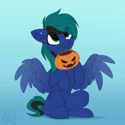 Size: 3500x3500 | Tagged: safe, alternate version, artist:airfly-pony, imported from derpibooru, oc, oc:ender, pegasus, pony, begging, candy bag, cute, feathered wings, gradient background, halloween, high res, holiday, jack sparrow, jack-o-lantern, male, multiple variants, pegasus oc, pumpkin, solo, spread wings, stallion, trick or treat, wings