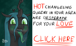 Size: 2400x1460 | Tagged: safe, artist:doomlemon, imported from derpibooru, queen chrysalis, changeling, changeling queen, abstract background, blushing, bronybait, bust, clickbait, drool, female, long tongue, looking at you, meme, open mouth, ponified meme, seems legit, sharp teeth, signature, solo, teeth, tongue out