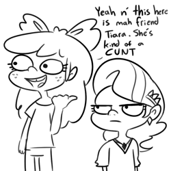 Size: 792x792 | Tagged: safe, artist:tjpones, imported from derpibooru, apple bloom, diamond tiara, human, black and white, dialogue, diamond tiara is not amused, duo, female, freckles, frown, grayscale, humanized, lidded eyes, monochrome, open mouth, open smile, simple background, smiling, tooth gap, truth, vulgar, white background