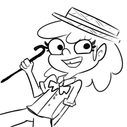 Size: 792x792 | Tagged: safe, artist:tjpones, imported from derpibooru, apple bloom, human, black and white, bowtie, cane, female, grayscale, hat, humanized, monochrome, simple background, smiling, solo, tooth gap, white background