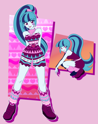 Size: 3400x4300 | Tagged: safe, artist:rileyav, imported from derpibooru, sonata dusk, equestria girls, boots, camp fashion show outfit, clothes, dress, eye clipping through hair, eyebrows, eyebrows visible through hair, female, grin, high res, looking at you, open mouth, open smile, pink background, shoes, shorts, simple background, skirt, smiling, smiling at you, socks, solo