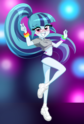 Size: 2634x3883 | Tagged: safe, artist:rileyav, imported from derpibooru, sonata dusk, equestria girls, bare midriff, belly button, blushing, clothes, commission, cute, eyebrows, eyebrows visible through hair, female, grin, high res, hoodie, looking at you, shoes, smiling, smiling at you, sneakers, solo, sonatabetes, stupid sexy sonata dusk, wristband