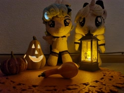 Size: 4032x3024 | Tagged: safe, artist:xeto_de, imported from derpibooru, cozy glow, oc, oc:lily allure, halloween, holiday, irl, lantern, photo, plushie, pumpkin