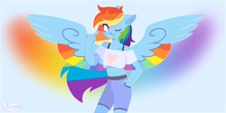 Size: 2000x1000 | Tagged: safe, artist:fourteennails, imported from derpibooru, rainbow dash, anthro, pegasus, clothes, colored wings, female, looking at you, mare, middle finger, midriff, multicolored wings, one eye closed, rainbow wings, shorts, solo, sports bra, tongue out, vulgar, wings, wink, winking at you