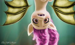 Size: 3191x1940 | Tagged: safe, artist:soft_angel, edit, edited screencap, imported from derpibooru, screencap, fluttershy, bat pony, pony, spoiler:my little pony: a new generation, bat ponified, bat wings, fangs, female, flutterbat, g4, g4 to g5, g5, mare, my little pony: a new generation, open mouth, race swap, scared, solo, teeth, upside down, wings